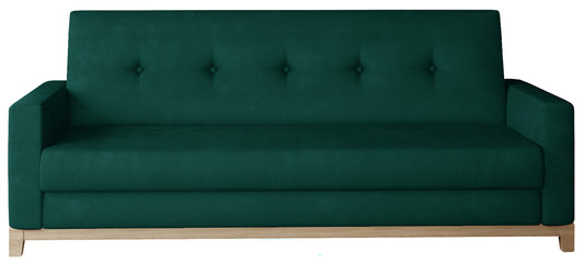 Wersalka Selene w kolorze Monolith 37 zielony z drewnianymi nóżkami w odcieniu buk, o nowoczesnym designie z prostymi liniami.