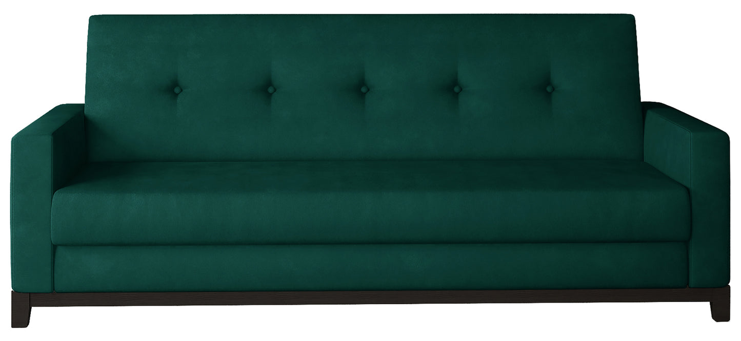 Wersalka Selene w kolorze Monolith 37 zielony z drewnianymi nóżkami w odcieniu orzech, o nowoczesnym i eleganckim wyglądzie.