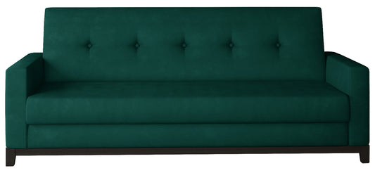 Wersalka Selene w kolorze Monolith 37 zielony z drewnianymi nóżkami w odcieniu orzech, o nowoczesnym i eleganckim wyglądzie.