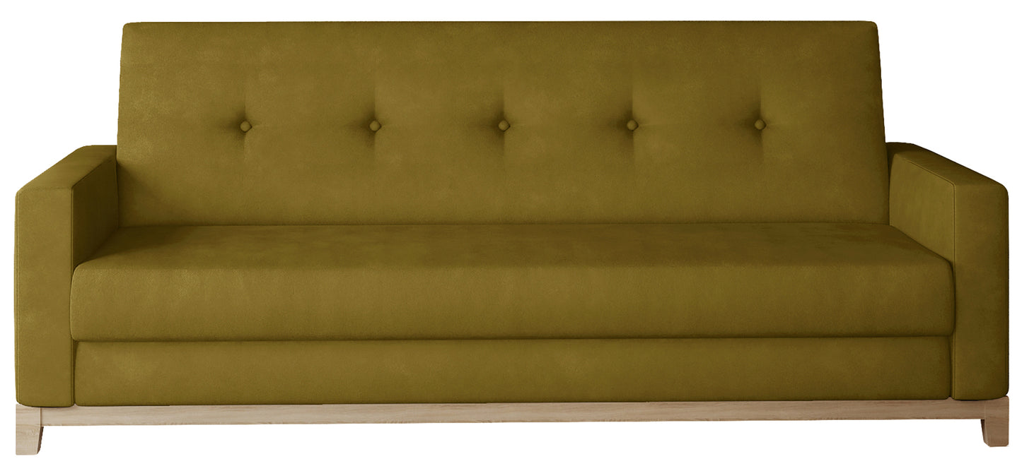 Wersalka Selene w kolorze Monolith 48 żółty z drewnianymi nóżkami w odcieniu buk, o nowoczesnym i eleganckim designie.