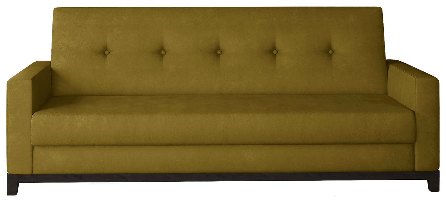 Wersalka Selene w kolorze Monolith 48 żółty z drewnianymi nóżkami w odcieniu orzech, o eleganckim i nowoczesnym designie.