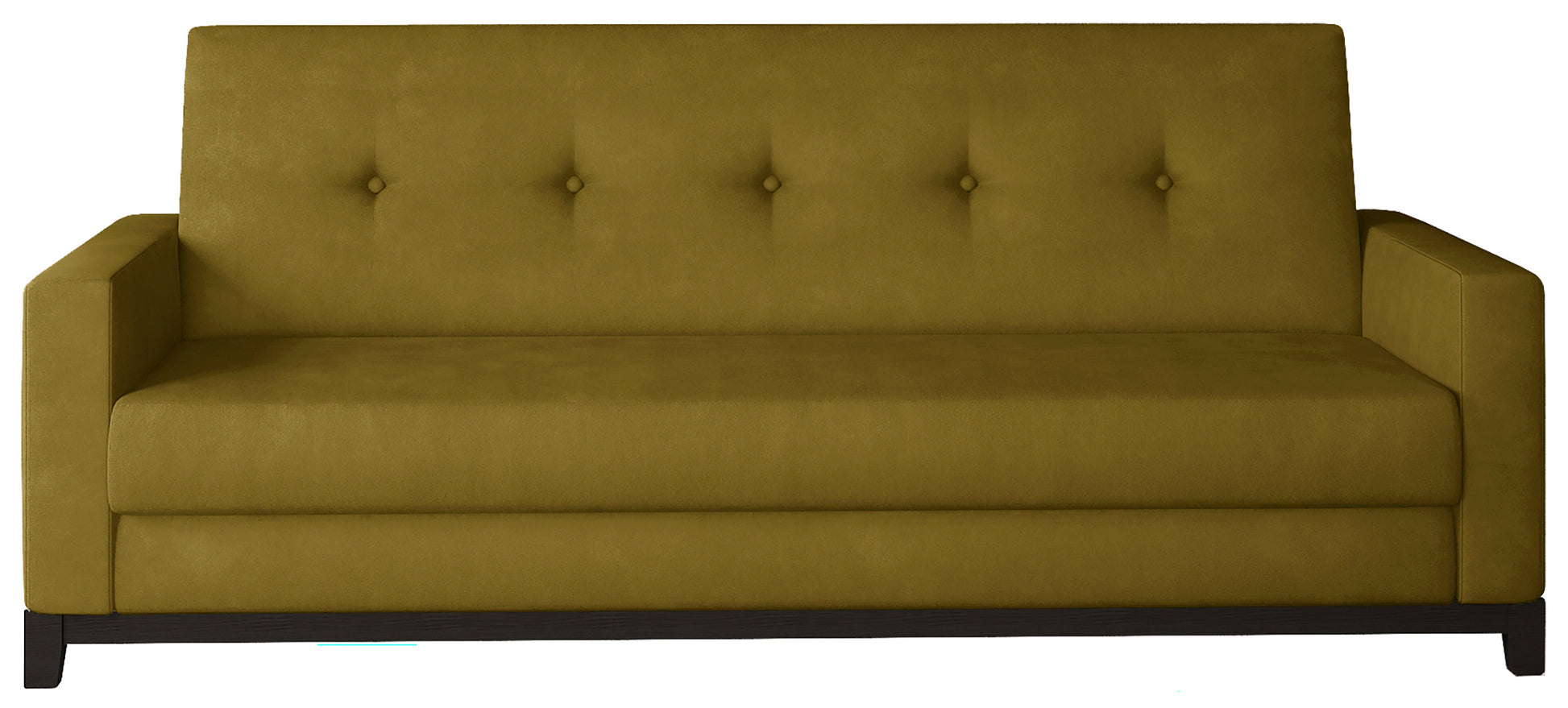 Wersalka Selene w kolorze Monolith 48 żółty z drewnianymi nóżkami w odcieniu orzech, o eleganckim i nowoczesnym designie.