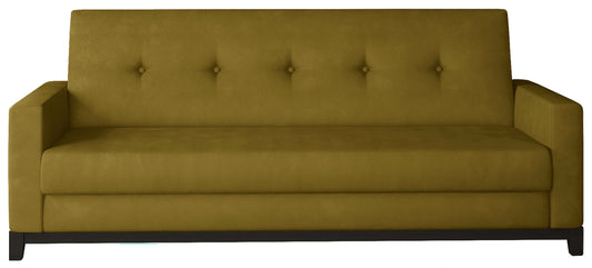 Wersalka Selene w kolorze Monolith 48 żółty z drewnianymi nóżkami w odcieniu orzech, o eleganckim i nowoczesnym designie.