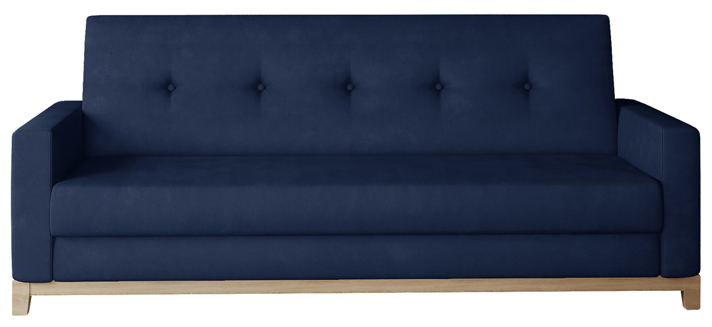 Wersalka Selene w kolorze Monolith 77 niebieski z drewnianymi nóżkami w odcieniu buk, o eleganckim i nowoczesnym wyglądzie.