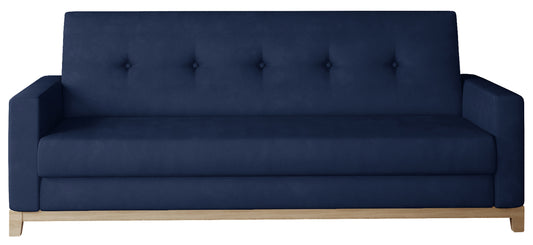 Wersalka Selene w kolorze Monolith 77 niebieski z drewnianymi nóżkami w odcieniu buk, o eleganckim i nowoczesnym wyglądzie.