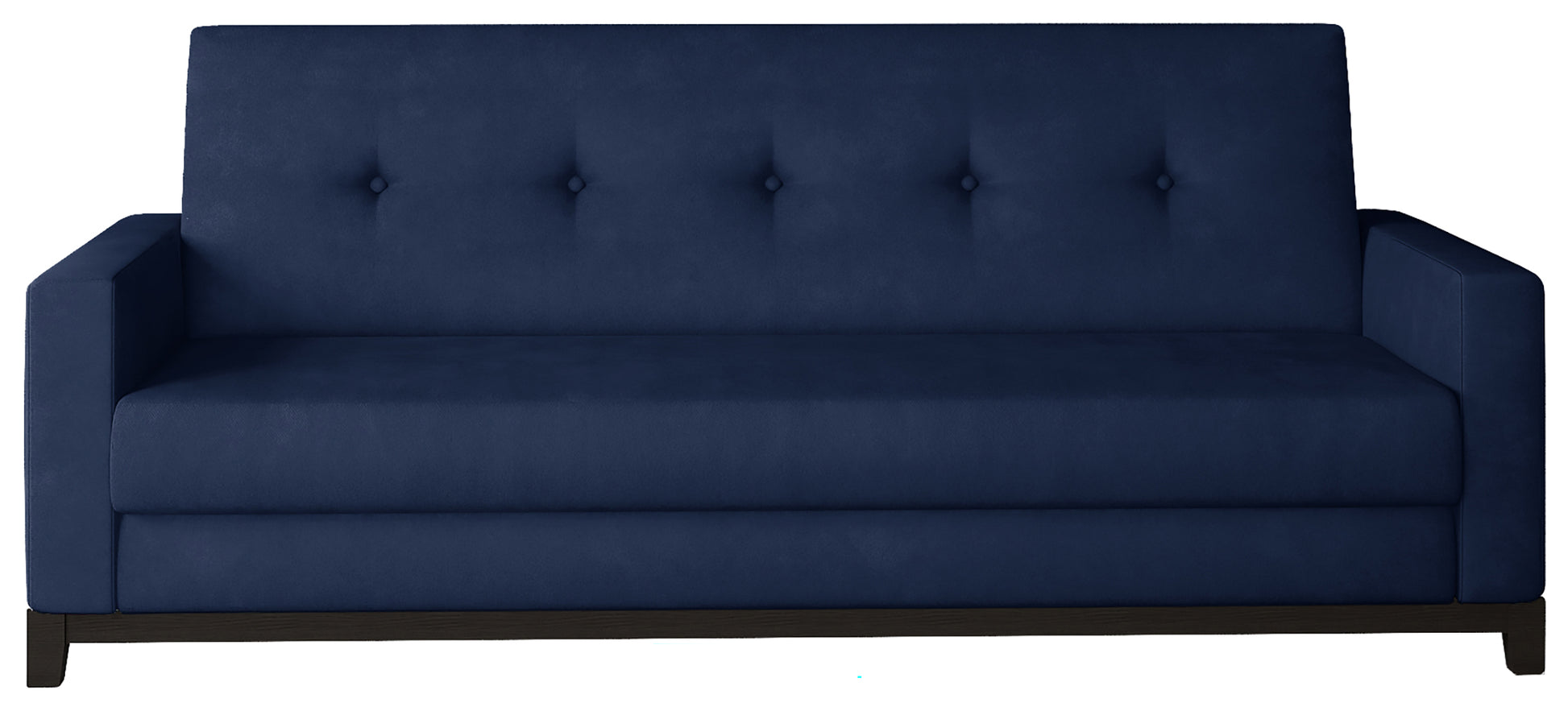 Wersalka Selene w kolorze Monolith 77 niebieski z drewnianymi nóżkami w odcieniu orzech, o eleganckim i minimalistycznym designie.