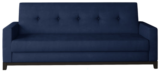 Wersalka Selene w kolorze Monolith 77 niebieski z drewnianymi nóżkami w odcieniu orzech, o eleganckim i minimalistycznym designie.