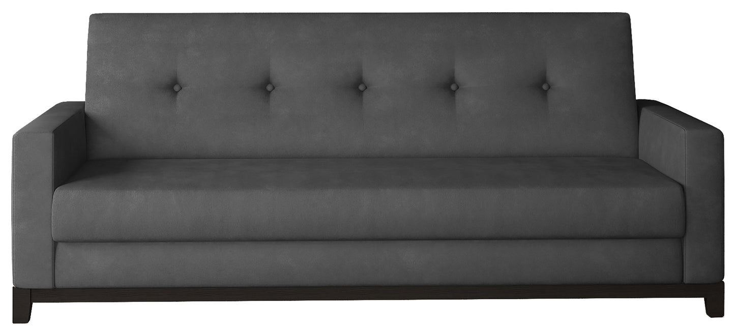 Wersalka Selene w kolorze Monolith 94 ciemnoszary z drewnianymi nóżkami w odcieniu orzech, o eleganckim i nowoczesnym designie.