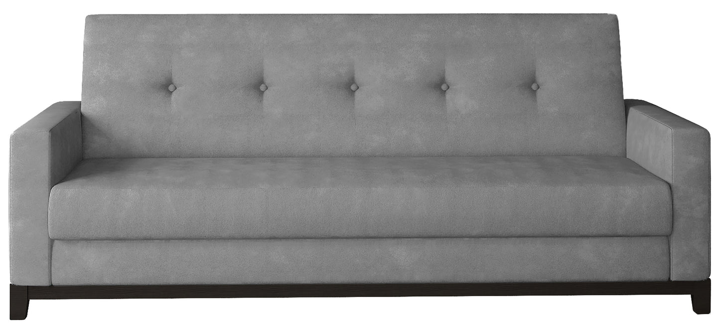 Wersalka Selene w kolorze Paros 05 jasnoszary z drewnianymi nóżkami w odcieniu orzech, o prostym i eleganckim designie.