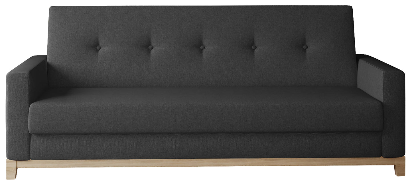 Wersalka Selene w kolorze Sawana 14 czarny z drewnianymi nóżkami w odcieniu buk, o eleganckim i minimalistycznym designie.