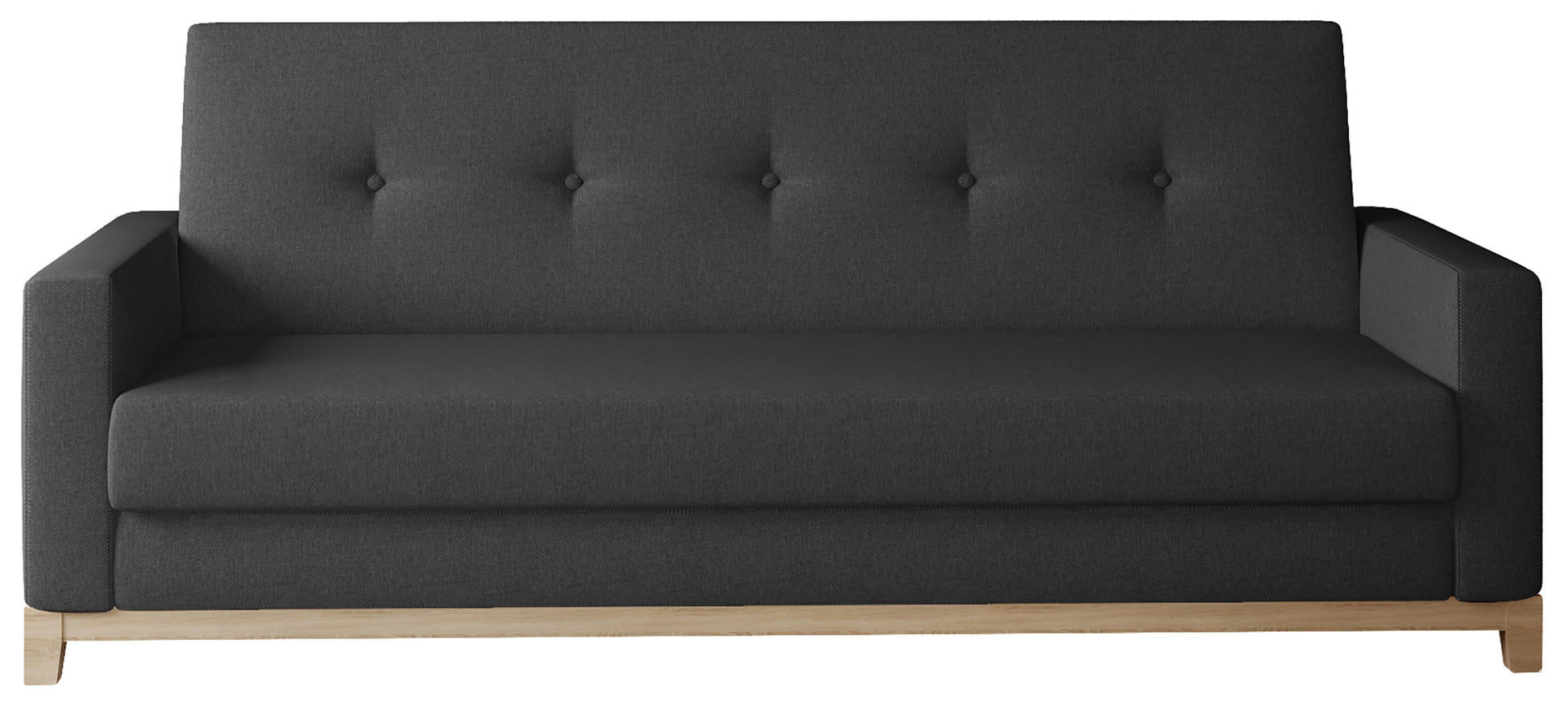 Wersalka Selene w kolorze Sawana 14 czarny z drewnianymi nóżkami w odcieniu buk, o eleganckim i minimalistycznym designie.