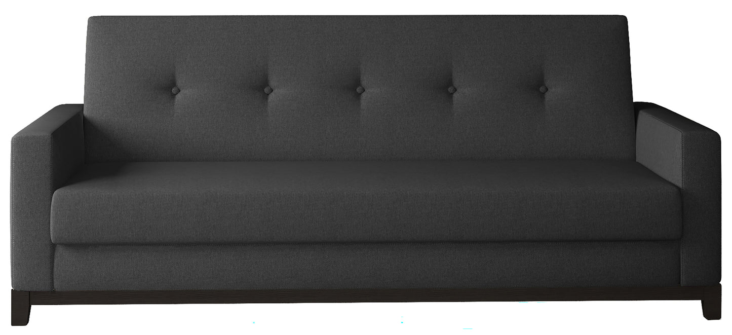 Wersalka Selene w kolorze Sawana 14 czarny z drewnianymi nóżkami w odcieniu orzech, o nowoczesnym i eleganckim designie.