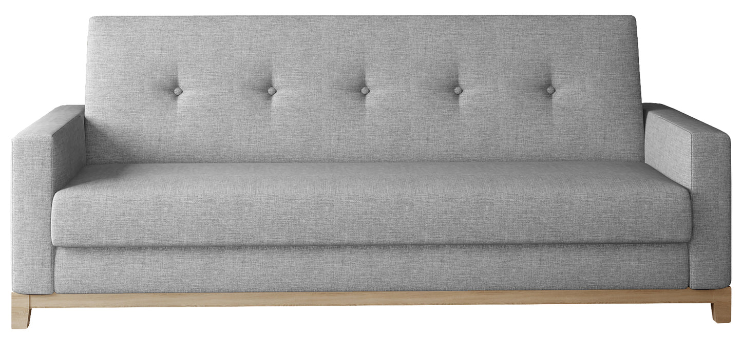 Wersalka Selene w kolorze Sawana 21 szary z drewnianymi nóżkami w odcieniu buk, o prostym i eleganckim designie.