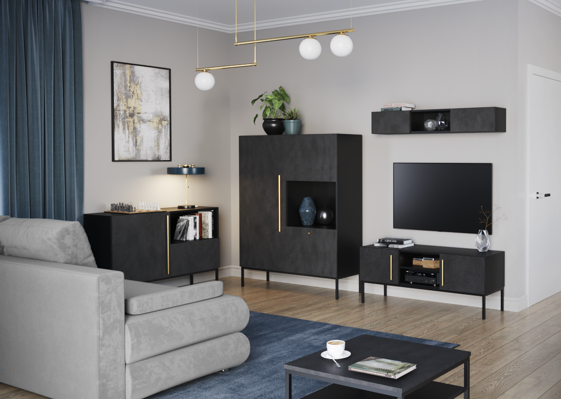 Fragment wnętrza eksponujący witrynę Lanzzi czarny mat przy dużych oknach, uzupełnioną rośliną doniczkową i spójną zabudową meblową.