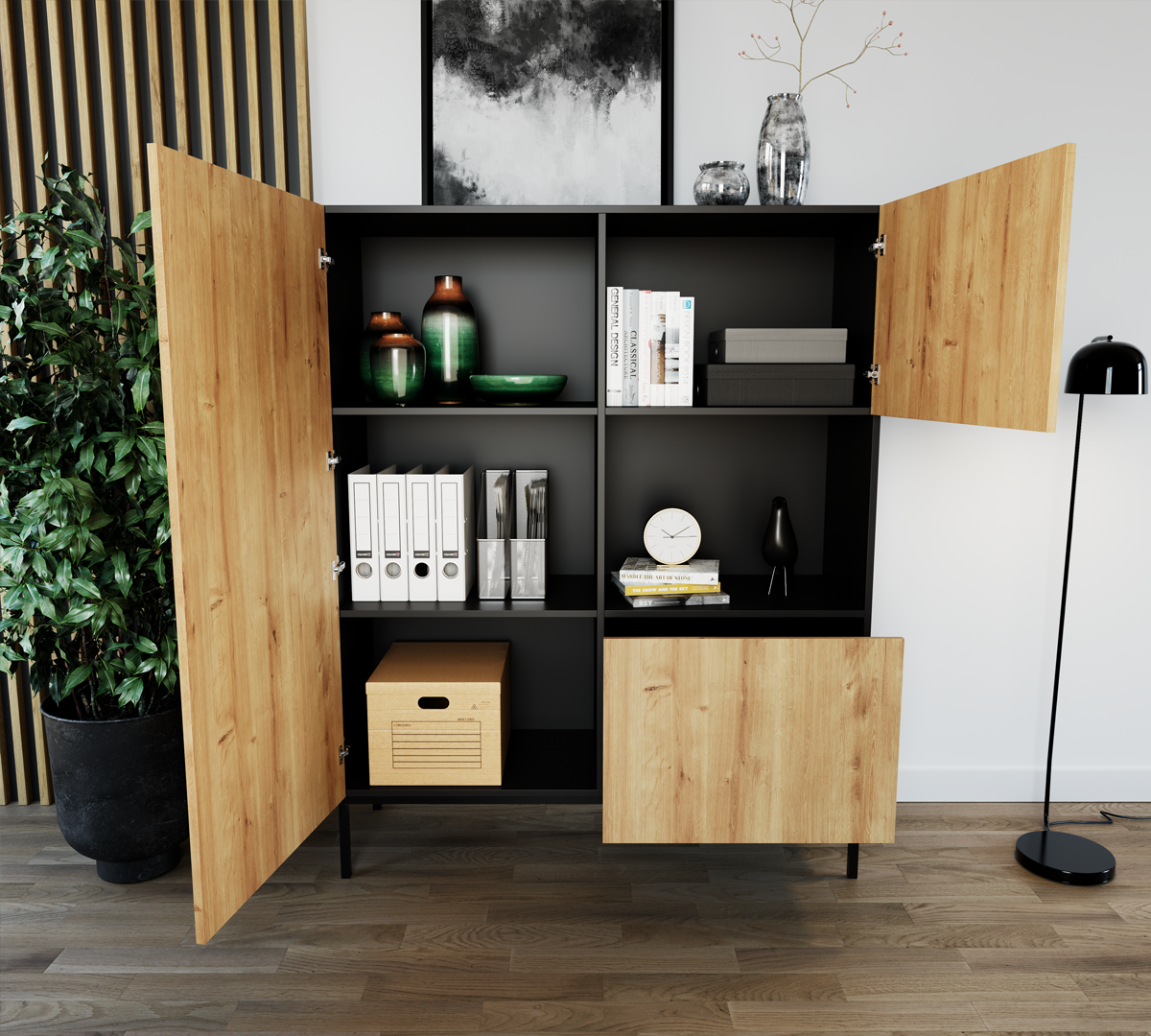 Witryna Lanzzi czarny mat/Dąb artisan z otwartymi drzwiczkami, ukazująca cztery przestronne półki wypełnione dekoracjami i dokumentami.