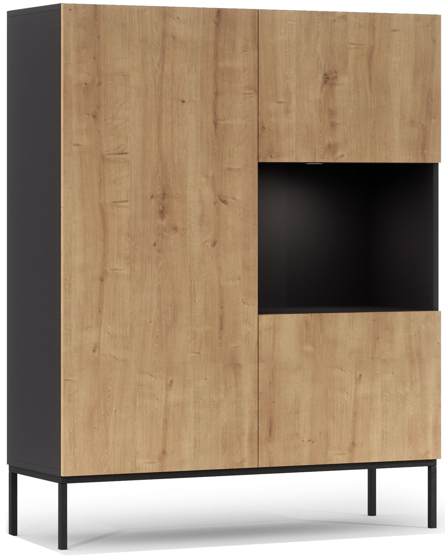 Witryna Lanzzi czarny mat/Dąb artisan na smukłej metalowej podstawie, z frontami z naturalnego dębu i centralną otwartą wnęką.