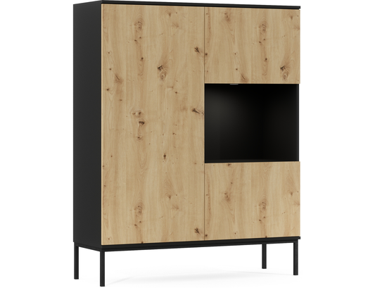 Witryna Lanzzi czarny mat / dąb artisan – widok pod kątem (skos), geometryczna forma i dekor drewna w eleganckim wydaniu.