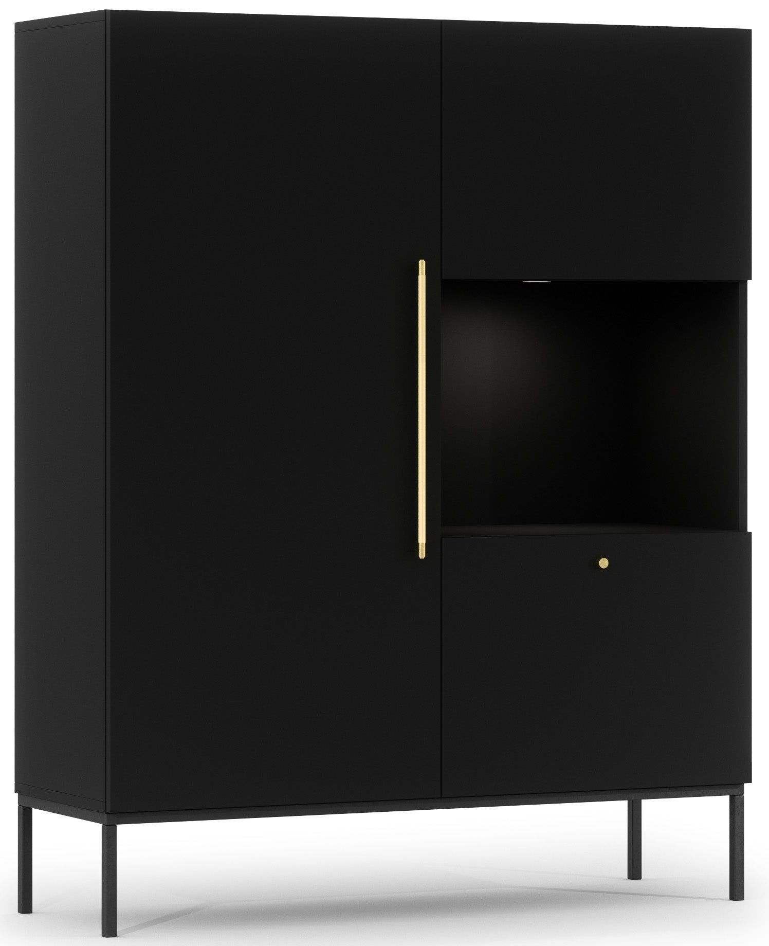 Izolowana witryna Lanzzi czarny mat na cienkich metalowych nogach, z asymetrycznym frontem, centralną otwartą wnęką i subtelnym oświetleniem.