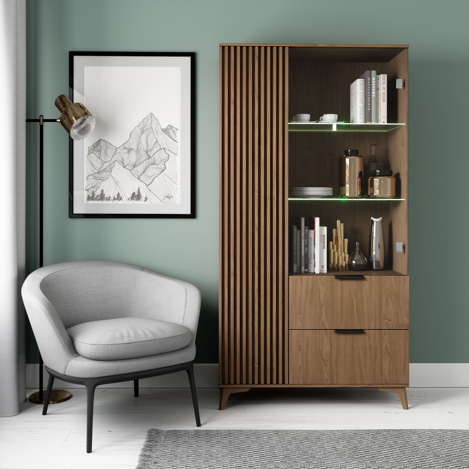 Witryna Entsian w salonie – front, LED na szklanych półkach, lamele.