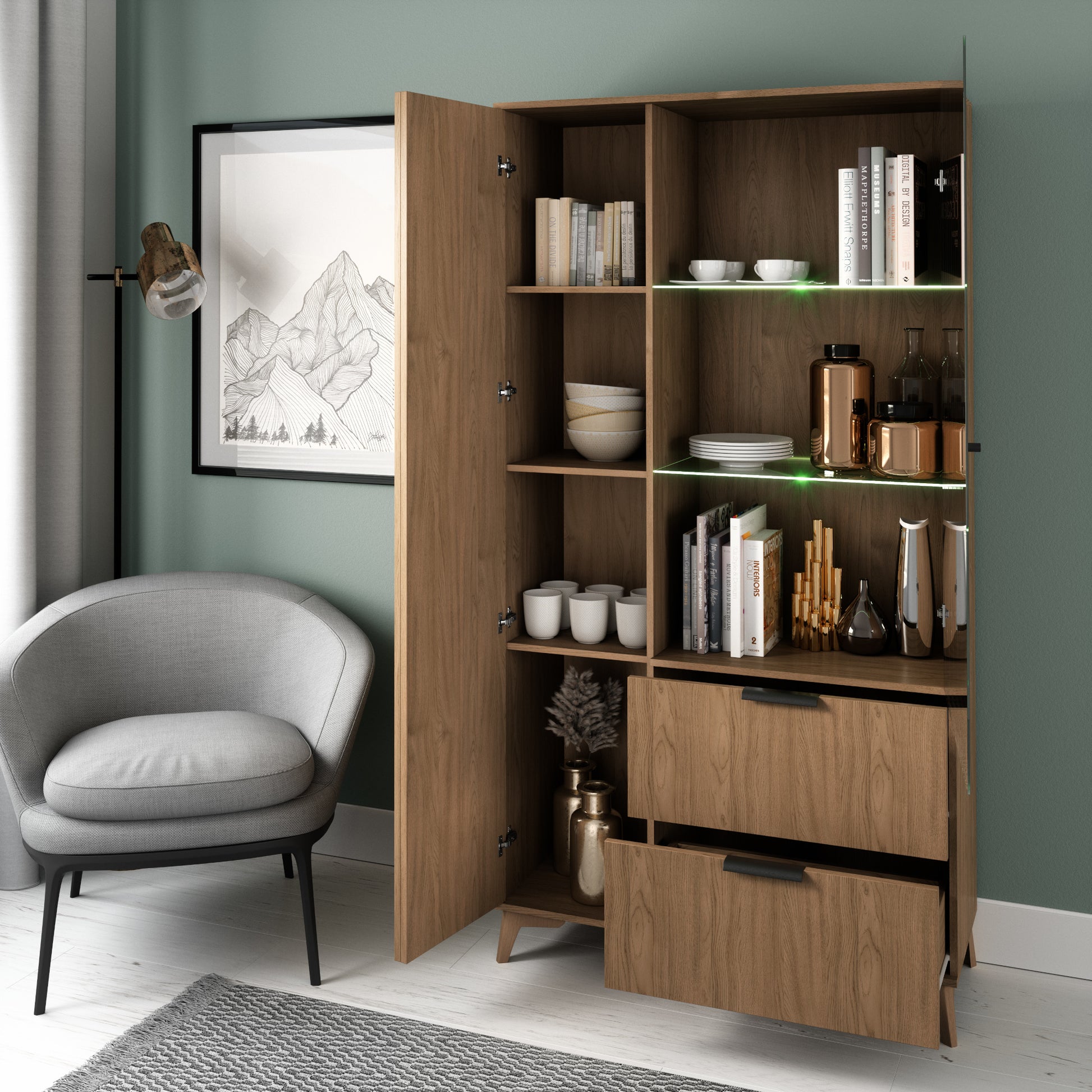 Witryna LED Entsian w narożniku salonu; lamele i podświetlenie.