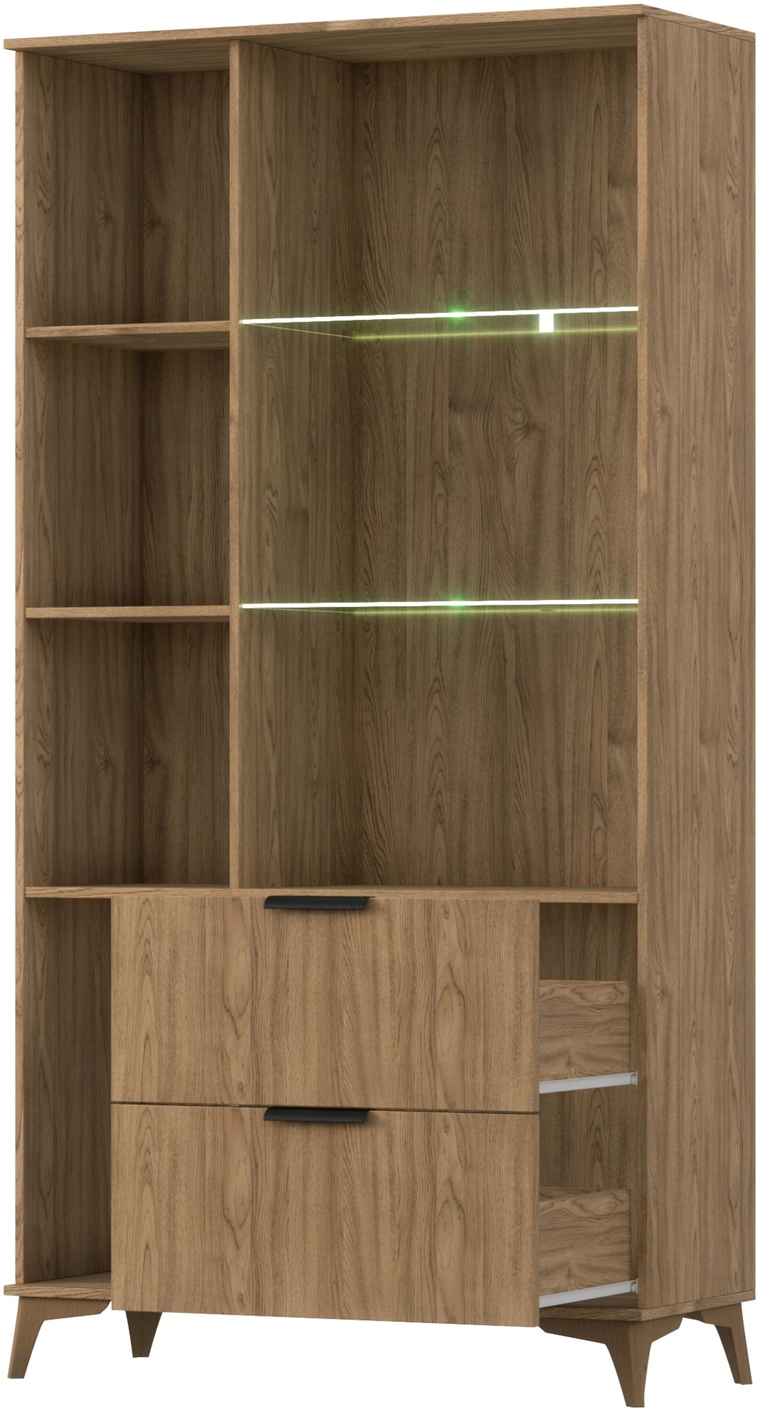 Front witryny Entsian – szklane półki z LED i 2 szuflady.