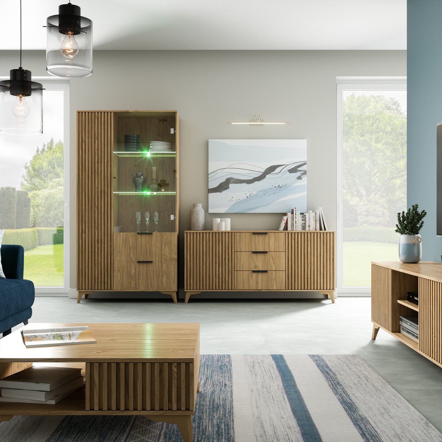 Zestaw salonowy z witryną LED Entsian – aranżacja pomieszczenia.