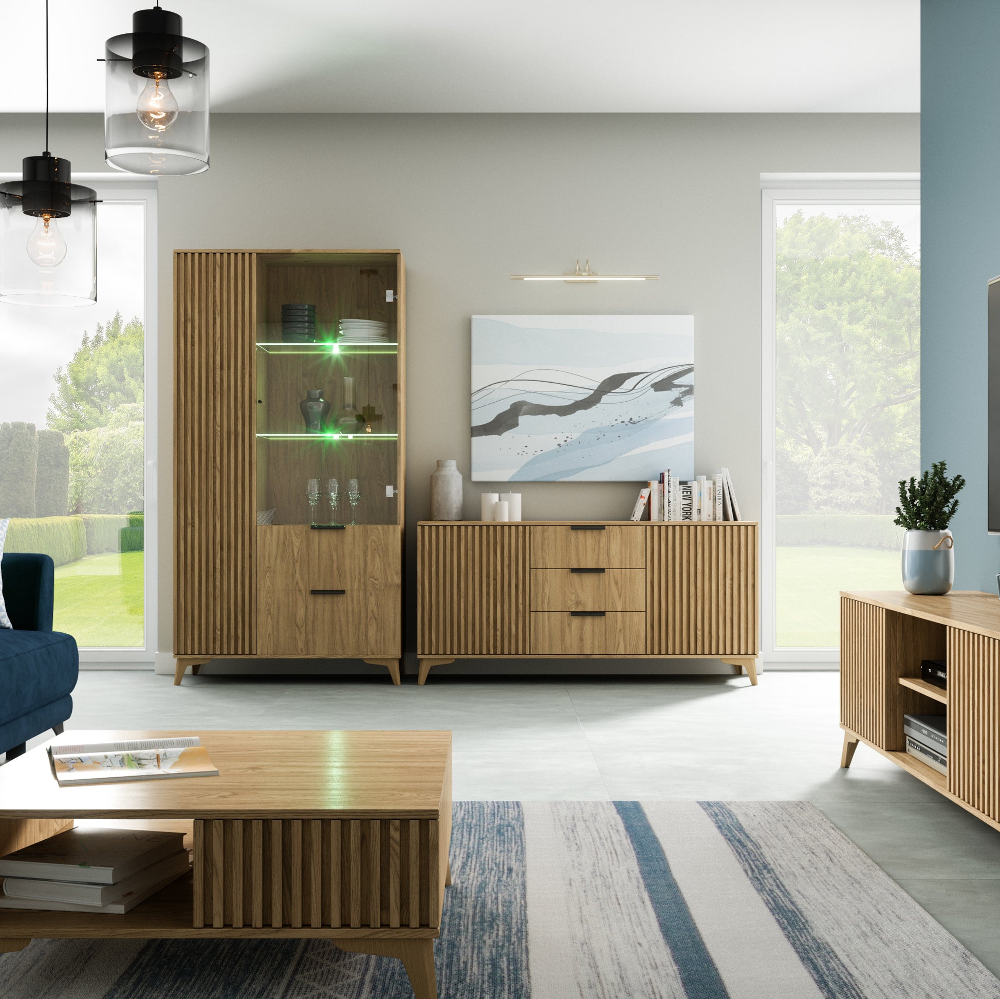 Zestaw salonowy z witryną LED Entsian – aranżacja pomieszczenia.