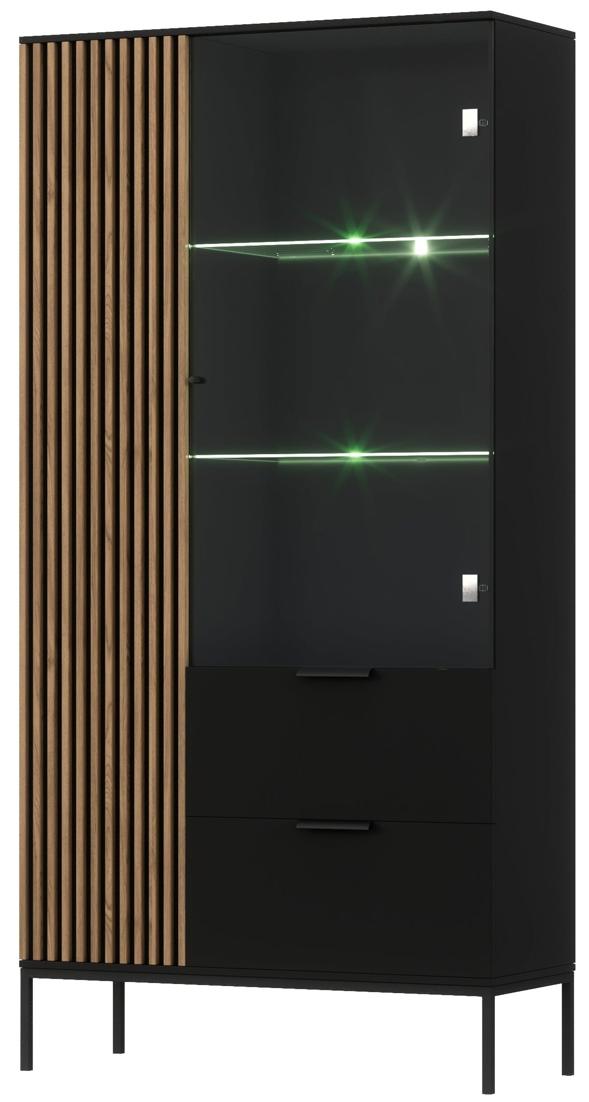 Witryna Meorati, czarna z lamelami; front, LED, dwie szuflady, szklane półki.