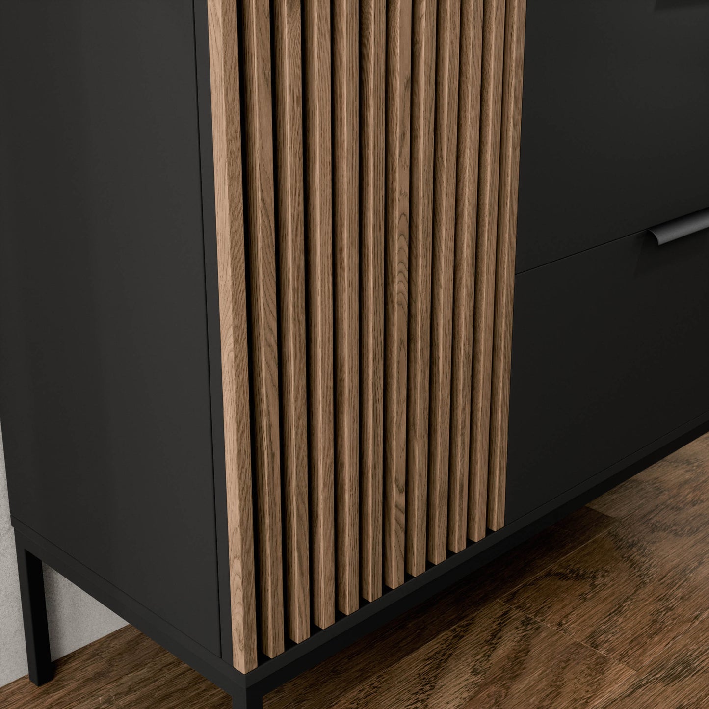 Narożnik witryny Meorati z drewnianymi lamelami i metalową nogą.