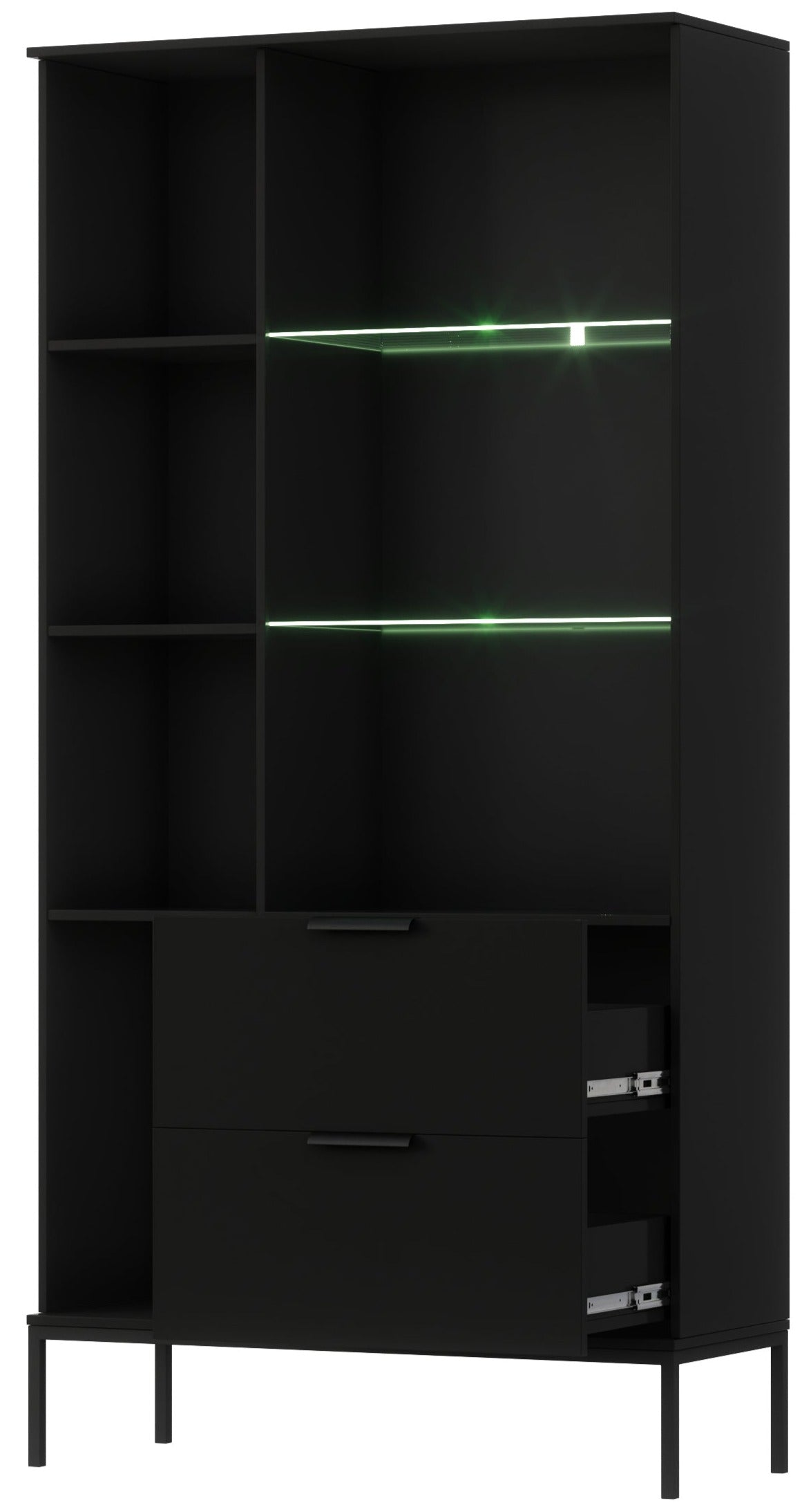 Front witryny Meorati z podświetleniem LED i szklanymi półkami nad dwiema szufladami.