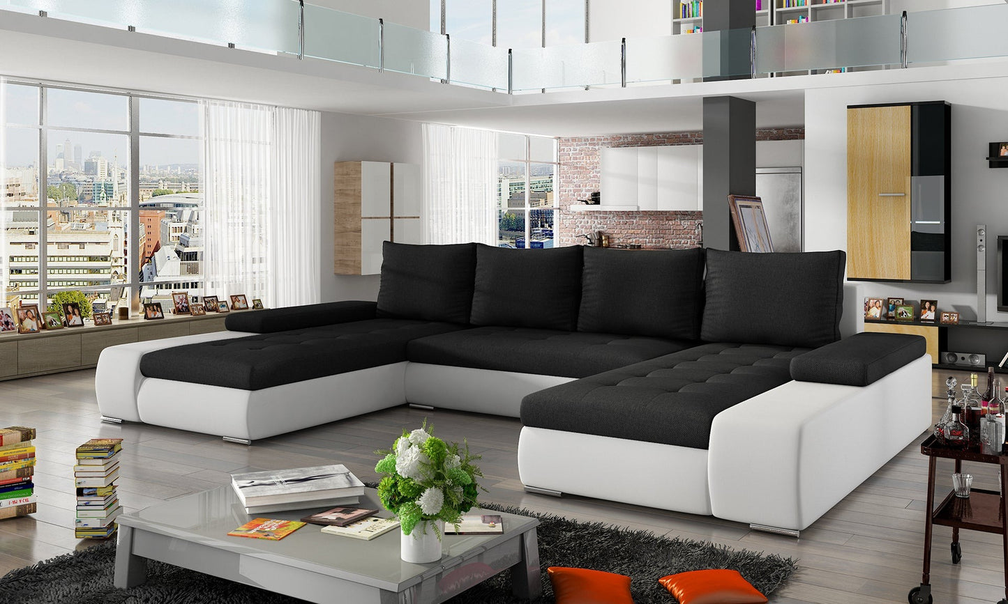 Czarny narożnik Marino uniwersalny w połączeniu tkaniny Sawana 14 i ekoskóry Soft 17 to nowoczesna sofa do salonu, która łączy elegancję z funkcjonalnością i wygodą codziennego użytkowania.
