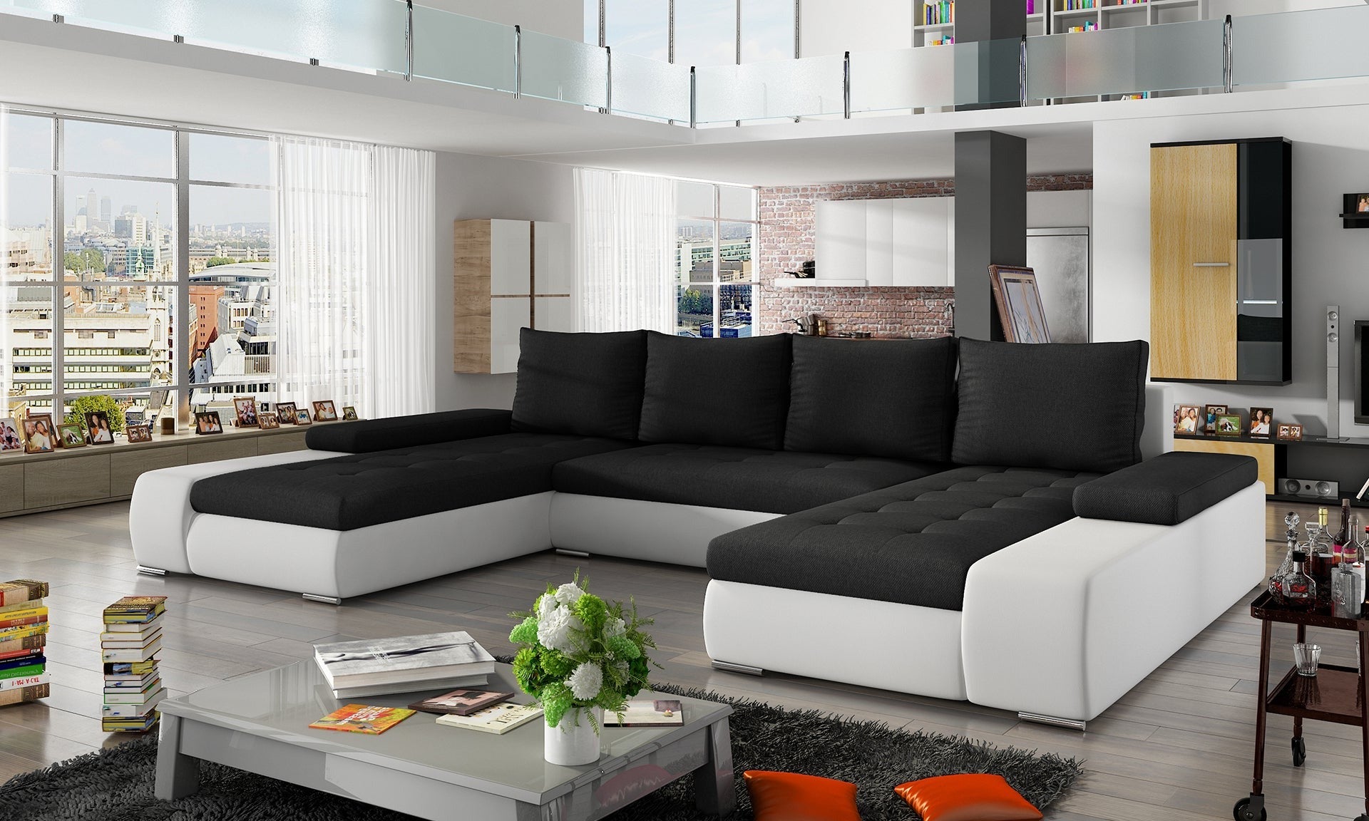 Czarny narożnik Marino uniwersalny w połączeniu tkaniny Sawana 14 i ekoskóry Soft 17 to nowoczesna sofa do salonu, która łączy elegancję z funkcjonalnością i wygodą codziennego użytkowania.