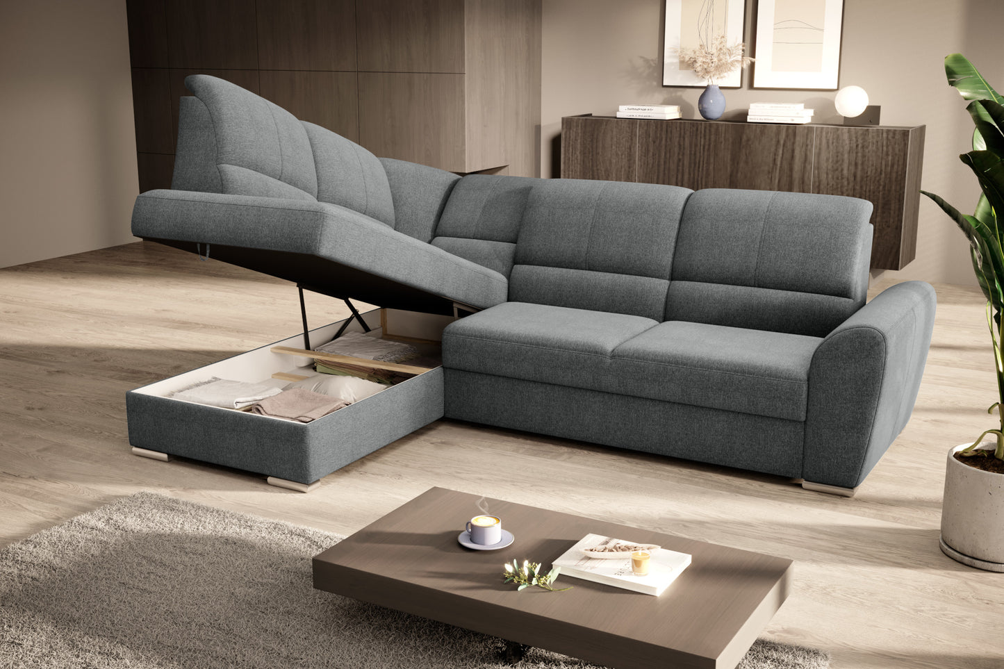 Duży narożnik Siber lewy w tkaninie Vero 05 w kolorze ciemnoszarym to komfortowa sofa wypoczynkowa, która łączy funkcjonalność z eleganckim i uniwersalnym stylem aranżacji.