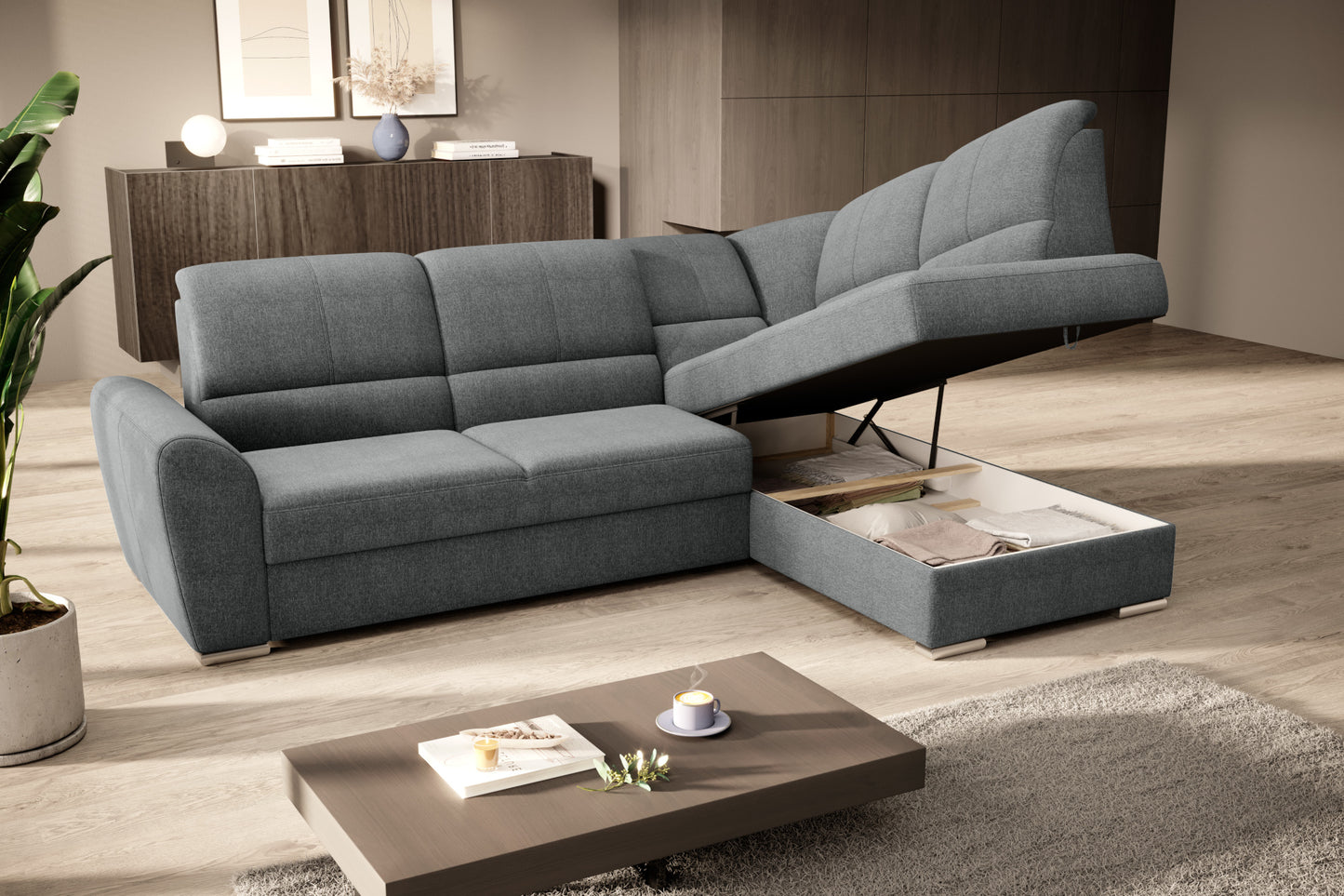 Duży narożnik Siber prawy w tkaninie Vero 05 w kolorze ciemnoszarym to komfortowa sofa wypoczynkowa z solidnym wypełnieniem i sprężynami, które zapewniają wygodę na co dzień.