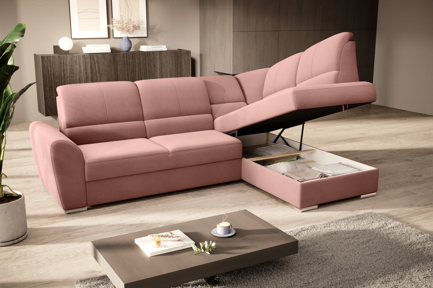 Duży narożnik Siber prawy w tkaninie Nube 24 w kolorze różowym to komfortowa sofa wypoczynkowa do salonu, która łączy funkcjonalność z subtelnym i stylowym wyglądem wnętrza.