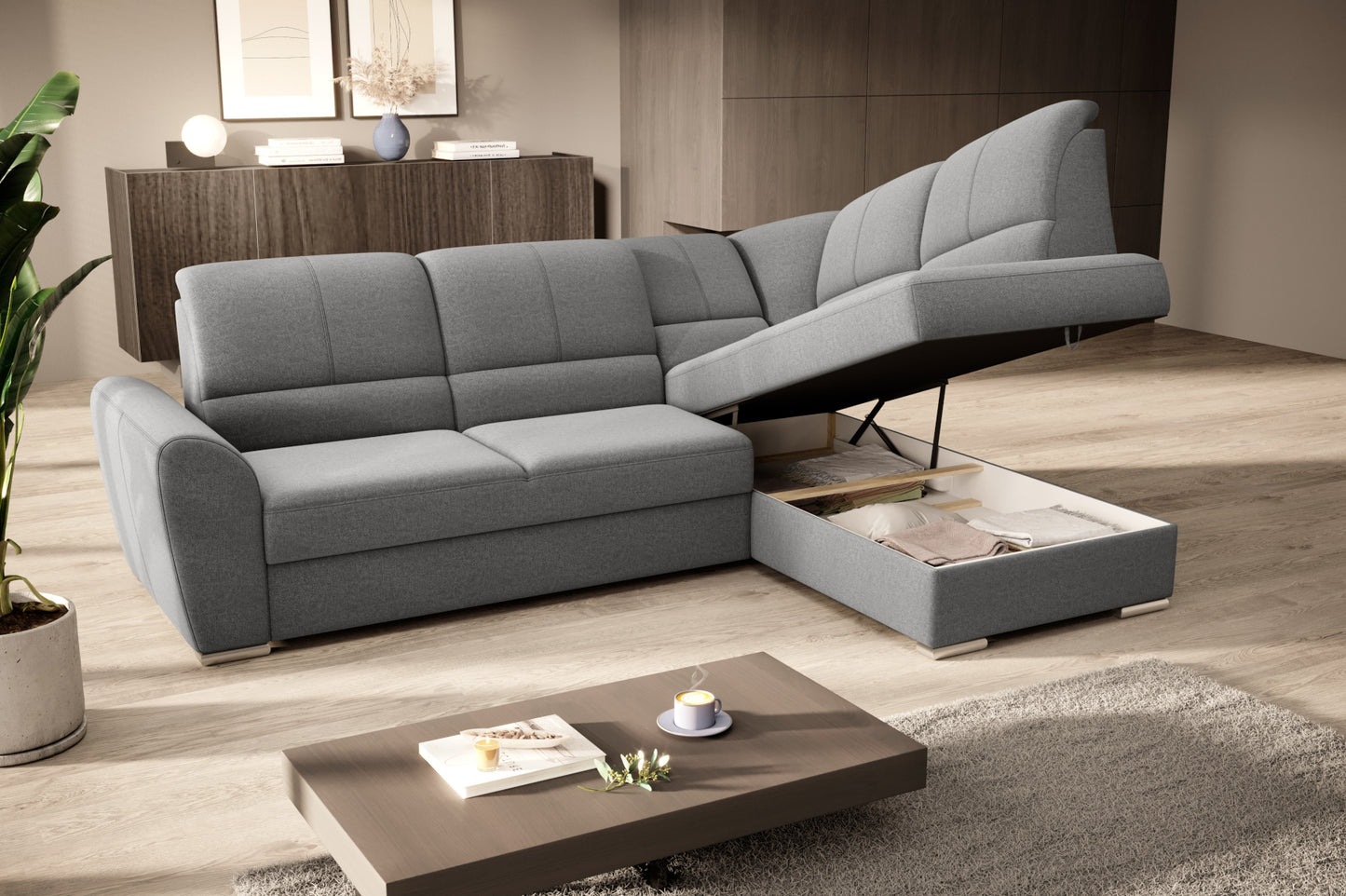 Duży narożnik Siber prawy w tkaninie Gojo 05 w kolorze szarym to komfortowa sofa wypoczynkowa do salonu, która łączy funkcjonalność z eleganckim i uniwersalnym stylem.