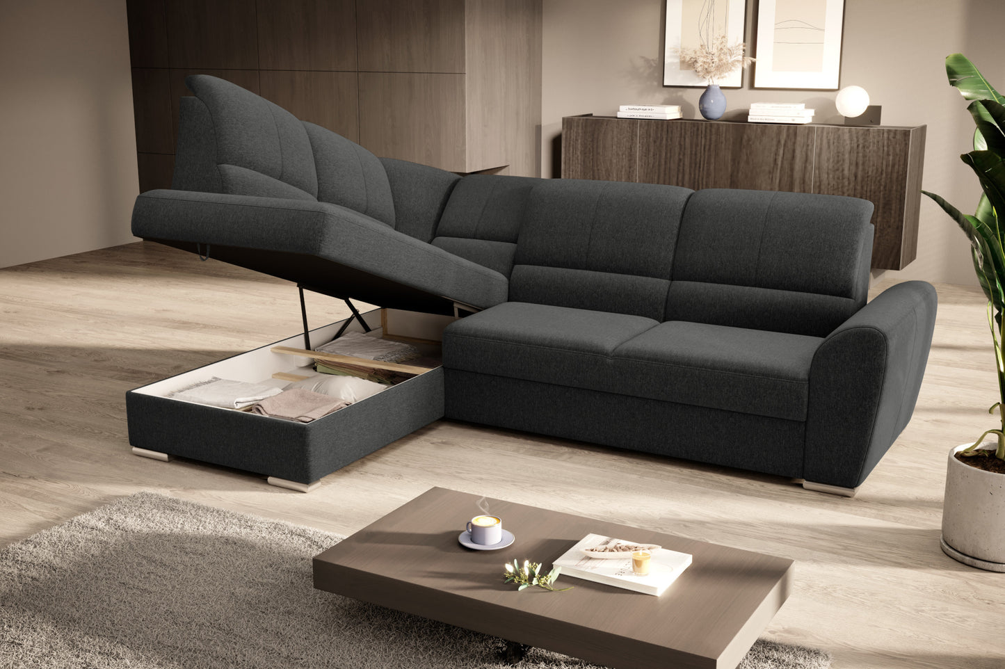 Duży narożnik Siber lewy w tkaninie Flores 04 w kolorze szarym to komfortowa sofa wypoczynkowa, która łączy funkcjonalność z eleganckim i ponadczasowym wyglądem wnętrza.