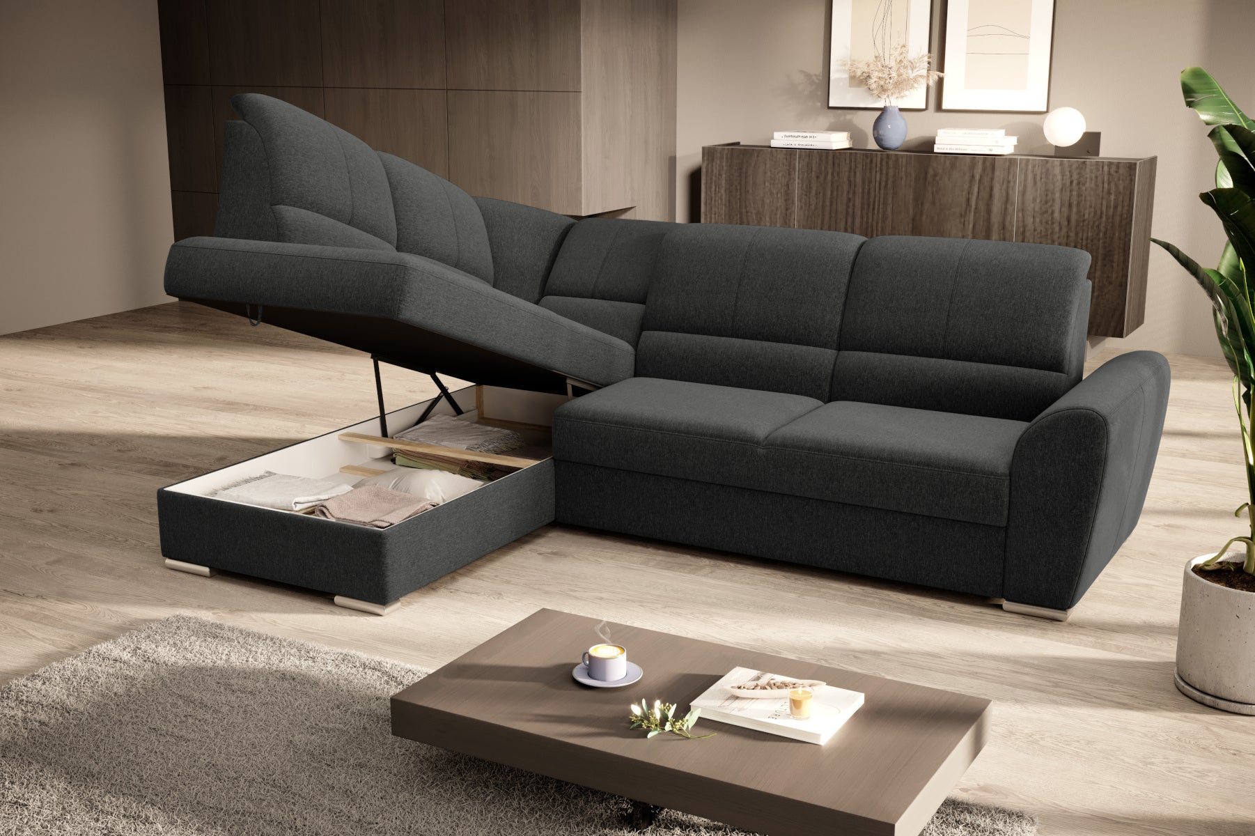Duży narożnik Siber lewy w tkaninie Flores 04 w kolorze szarym to komfortowa sofa wypoczynkowa, która łączy funkcjonalność z eleganckim i ponadczasowym wyglądem wnętrza.