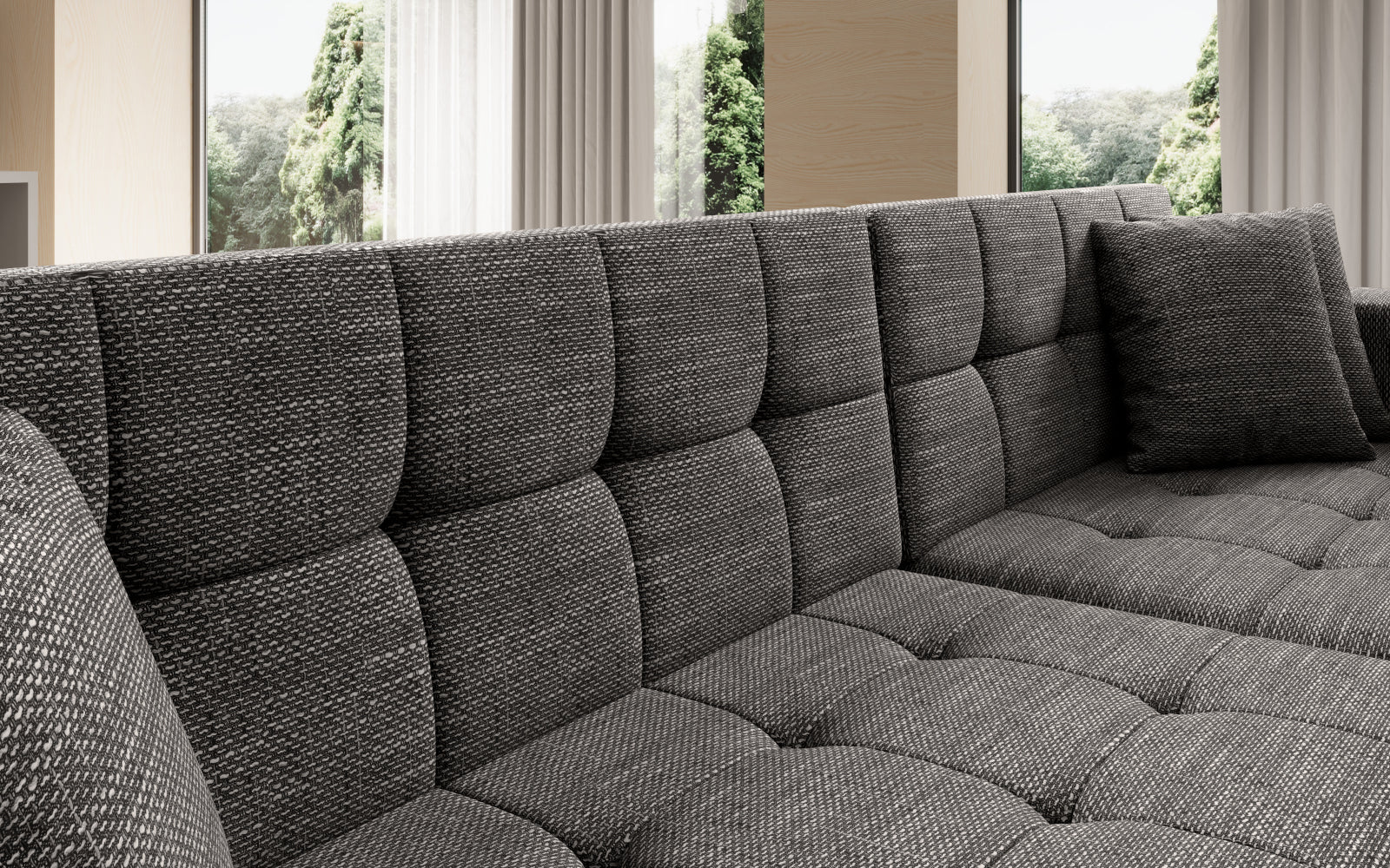 Duży narożnik Solange prawy w tkaninie Berlin 01 w kolorze szarym to komfortowa sofa wypoczynkowa, która łączy funkcjonalność z uniwersalnym i eleganckim stylem.