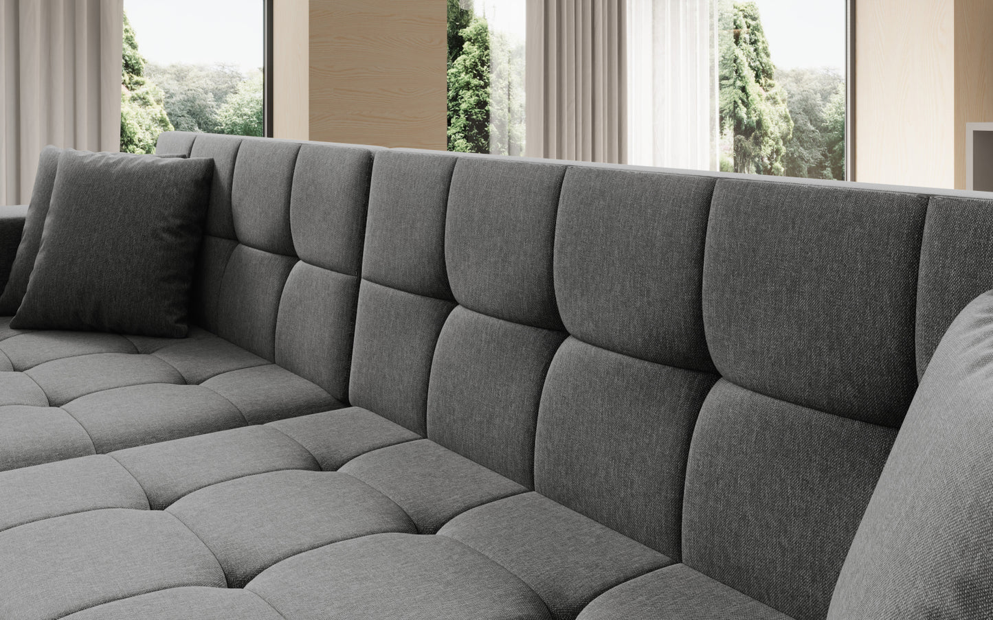 Duży narożnik Solange prawy w tkaninie Sawana 21 w kolorze szarym to komfortowa sofa wypoczynkowa, która łączy funkcjonalność z uniwersalnym i eleganckim stylem.
