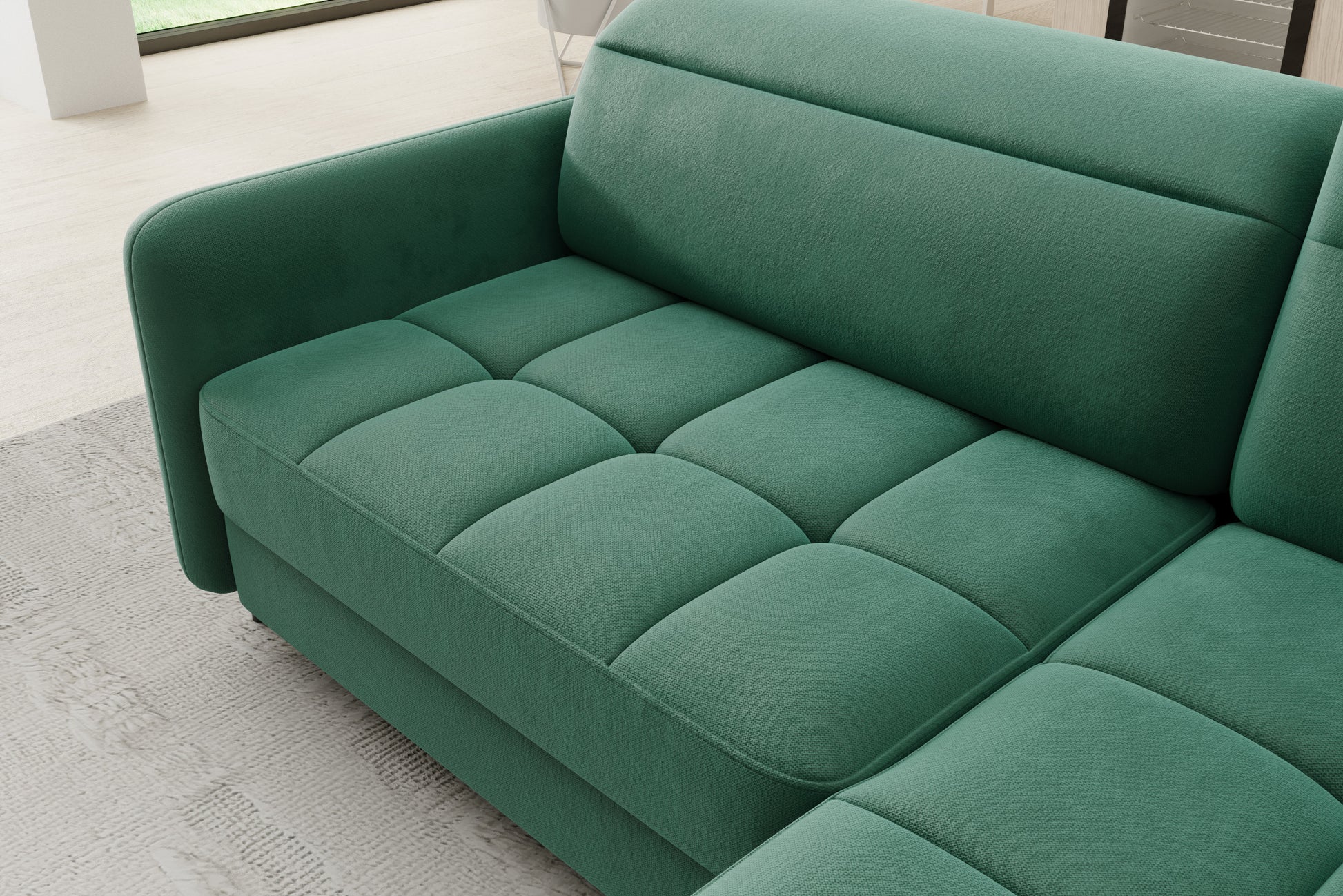Narożnik Barea w kolorze zielonym Lukso 35 w wersji prawej z funkcją spania i eleganckim siedziskiem Stylowy design oraz funkcjonalność sprawiają, że mebel doskonale sprawdzi się w nowoczesnym wnętrzu.