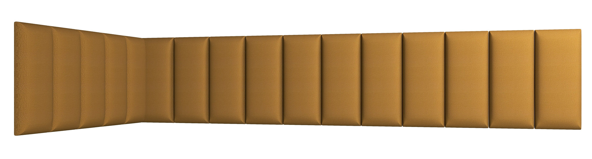 L-kształtna aranżacja pionowych, żółtych paneli akustycznych Quadratta II Monolith 48, tworząca ciągłą, kątową ścianę z wyraźnymi, równomiernymi przetłoczeniami.