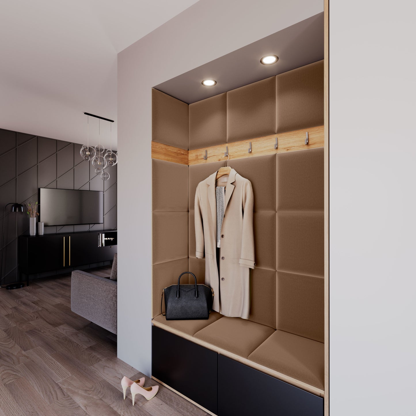 Nowoczesna strefa wejściowa z wbudowaną ławką i złotymi haczykami na płaszcze; ściany wnęki wykończone panelami akustycznymi Quadratta III Monolith 09 w ciepłym odcieniu jasnego brązu.