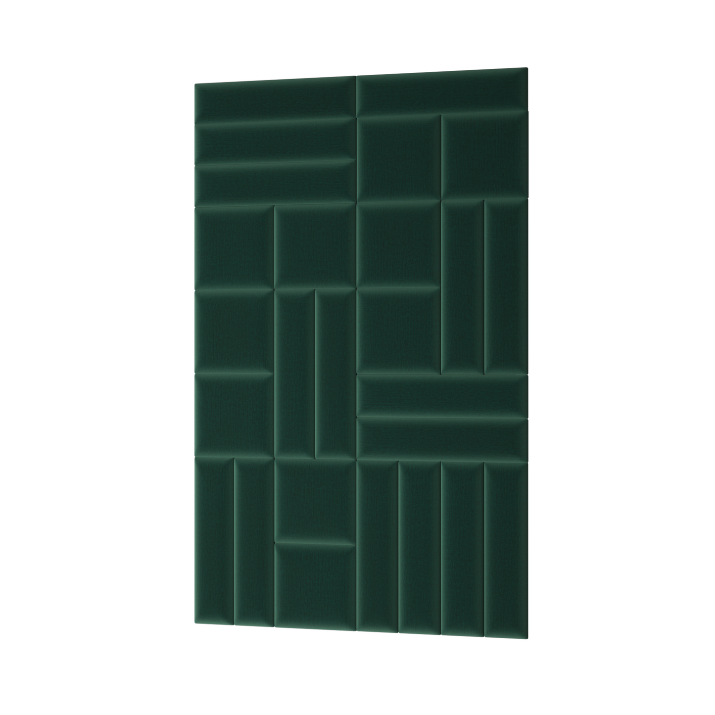 Prostokątny panel akustyczny Quadratta IV Monolith 37 w głębokiej zieleni, z modułami ułożonymi w geometryczny wzór poziomych i pionowych segmentów.