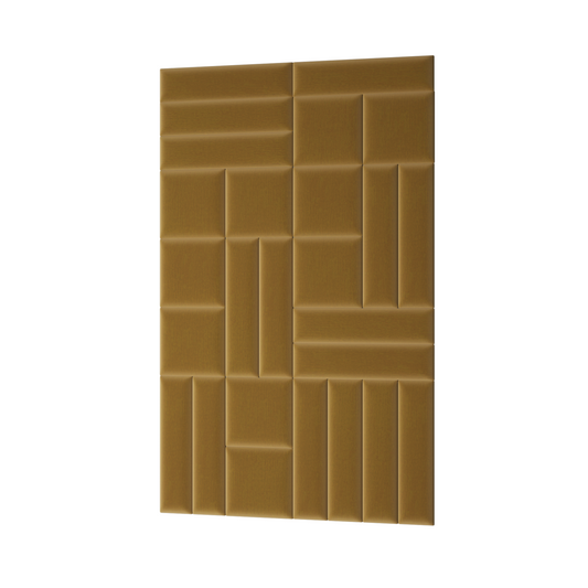 Prostokątny panel akustyczny Quadratta IV Monolith 48 w ciepłym odcieniu żółci, ułożony w geometryczny wzór poziomych i pionowych pasów.