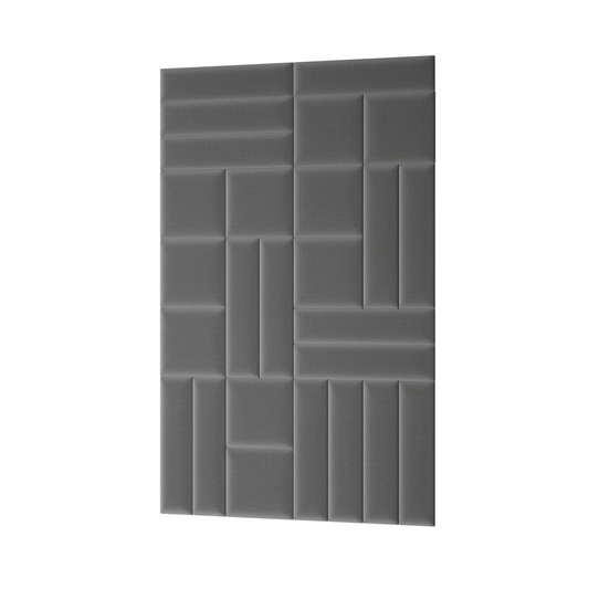 Pojedynczy, pionowy panel akustyczny Quadratta IV Monolith 97 w głębokim ciemnoszarym kolorze, z modułami ułożonymi w geometryczny wzór poziomych i pionowych segmentów.