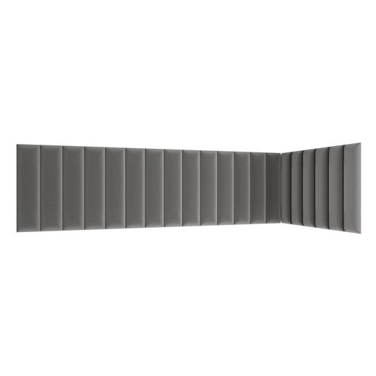 L-kształtna kompozycja paneli akustycznych Quadratta IX Monolith 85 w stonowanym szarym odcieniu, z kwadratowymi modułami ustawionymi schodkowo.