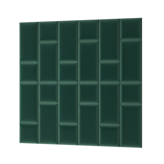 Prostokątny panel akustyczny Quadratta VII Monolith 37 w głębokiej zieleni, z geometrycznie ułożonymi prostokątnymi modułami tworzącymi regularny rytm.