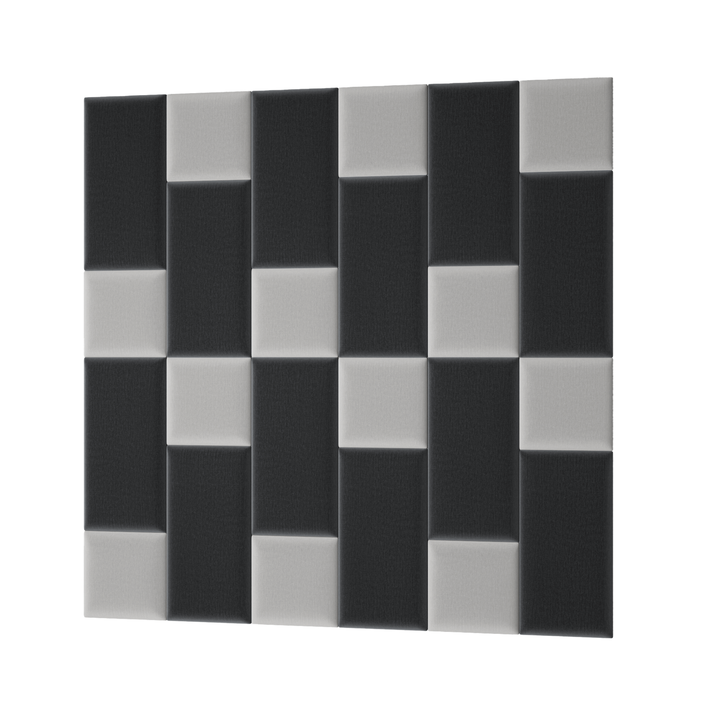 Prostokątny panel akustyczny Quadratta VII Monolith 84/97 w przeplatanym układzie jasnoszarych i ciemnoszarych prostokątnych modułów.