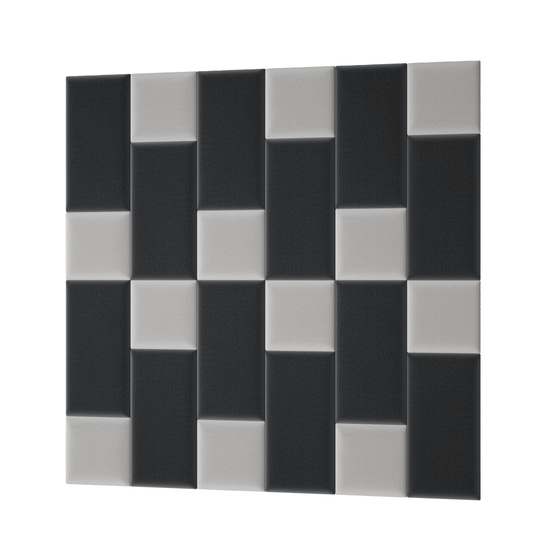 Prostokątny panel akustyczny Quadratta VII Monolith 84/97 w przeplatanym układzie jasnoszarych i ciemnoszarych prostokątnych modułów.